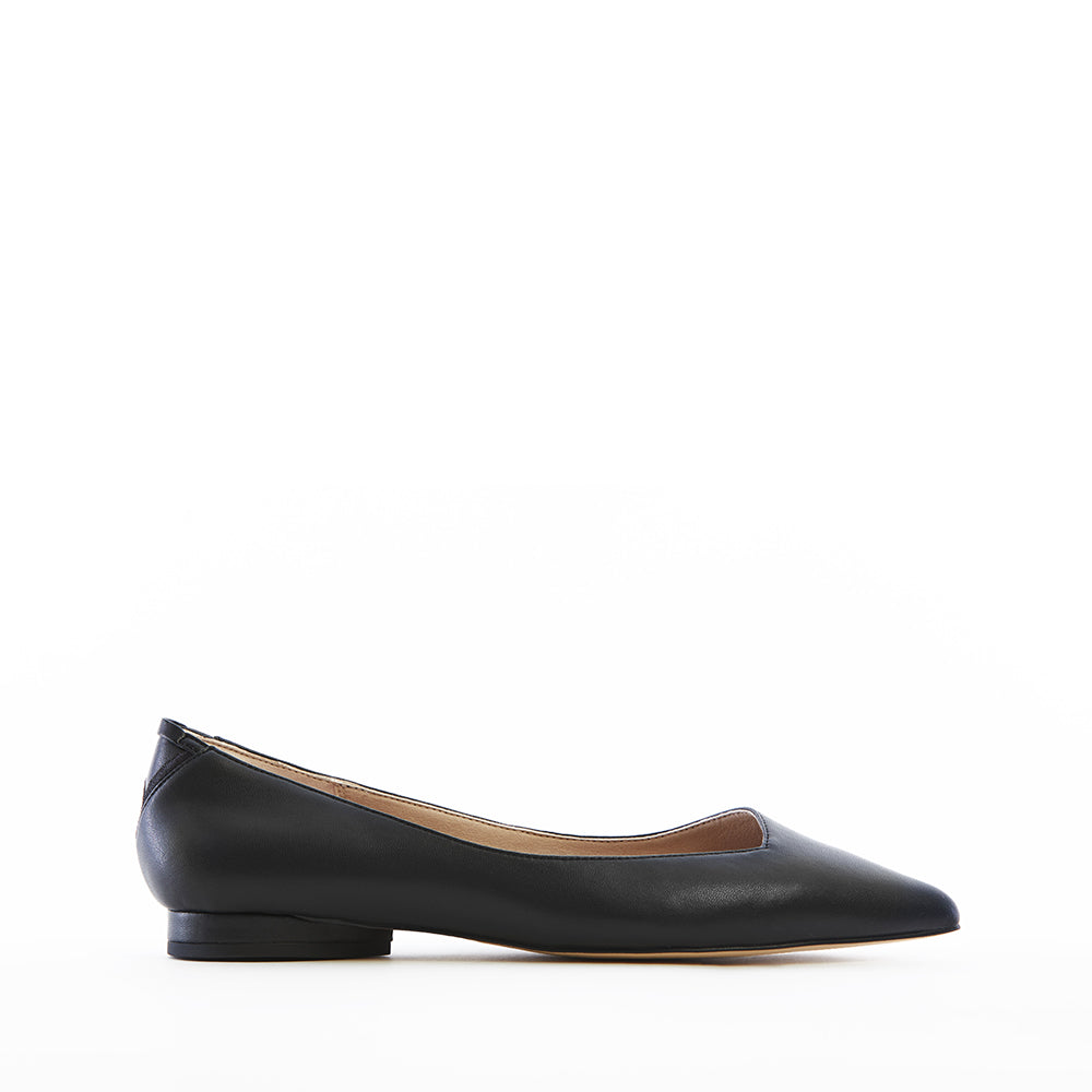 Black vegan leather pointed-toe ballet flats with a low heel