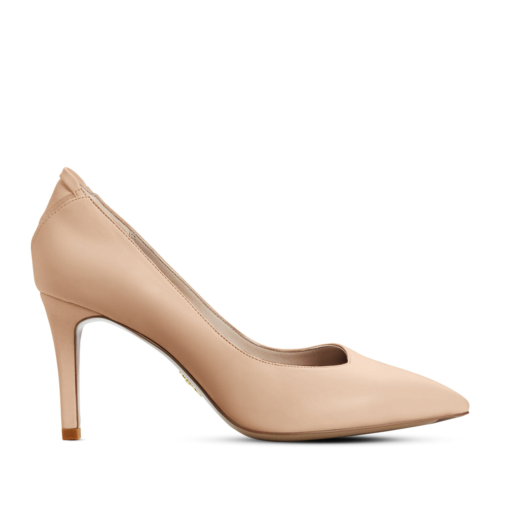 Classic beige nude vegan pump with pointy toe and mid-heel height