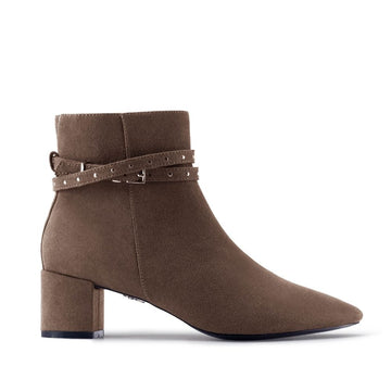 Brown vegan suede ankle boot with block heel and studded wraparound buckle strap – chic and versatile women's vegan footwear for casual and dressy outfits.