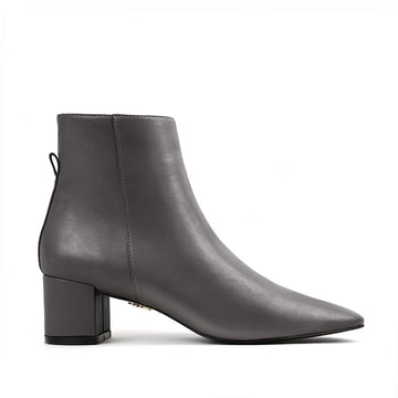 Grey vegan leather ankle boot with block heel – sleek and modern women's vegan footwear for versatile styling and all-day comfort.