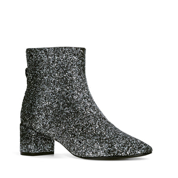 Silver glitter vegan ankle boot with block heel – stylish and eye-catching women's footwear for parties and special occasions.