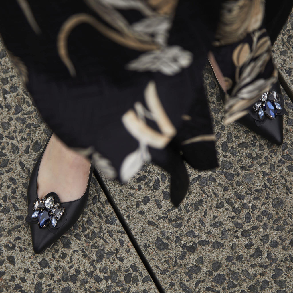 Clip-on Shoe Brooch in an orchid design with blue and grey colored jewel like rhinestones - easily clips onto the front toe of any shoes 