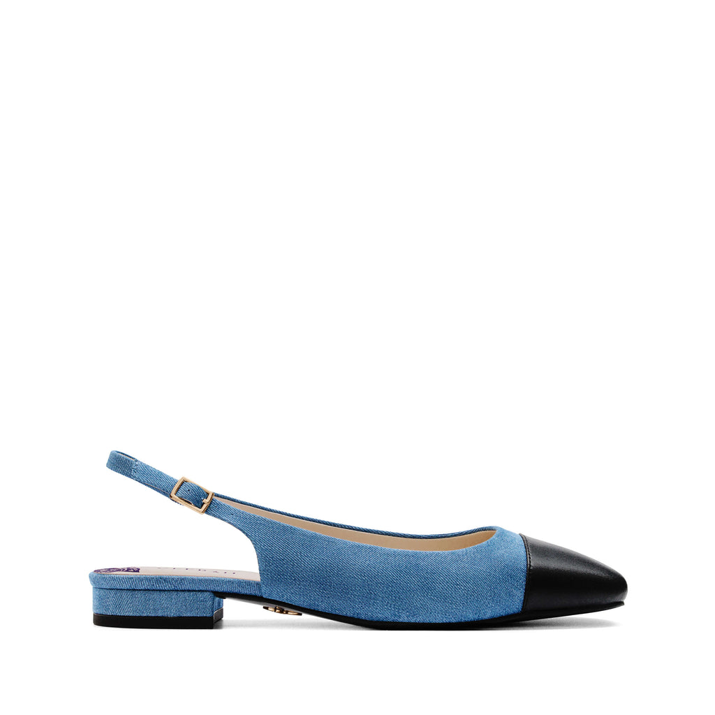 Stylish blue denim slingback vegan flats with black cap toe and low heel – chic and comfortable women's vegan shoes perfect for casual and dressy outfits.