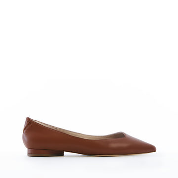 Cognac brown vegan leather pointed-toe ballet flats with a low heel and asymmetric v-vamp for a flattering fit  