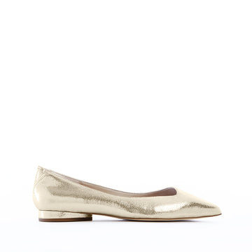 Gold metallic vegan leather pointed-toe ballet flats with an asymmetric v-vamp, cushioned algae-foam insoles and low heel