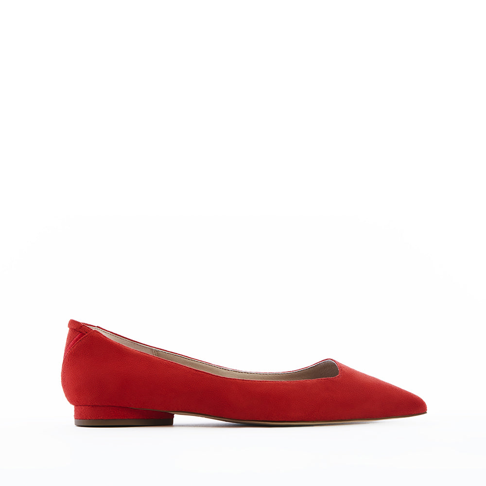 Red vegan faux suede pointed-toe ballet flats with a low heel