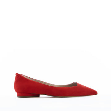 Red vegan faux suede pointed-toe ballet flats with a low heel