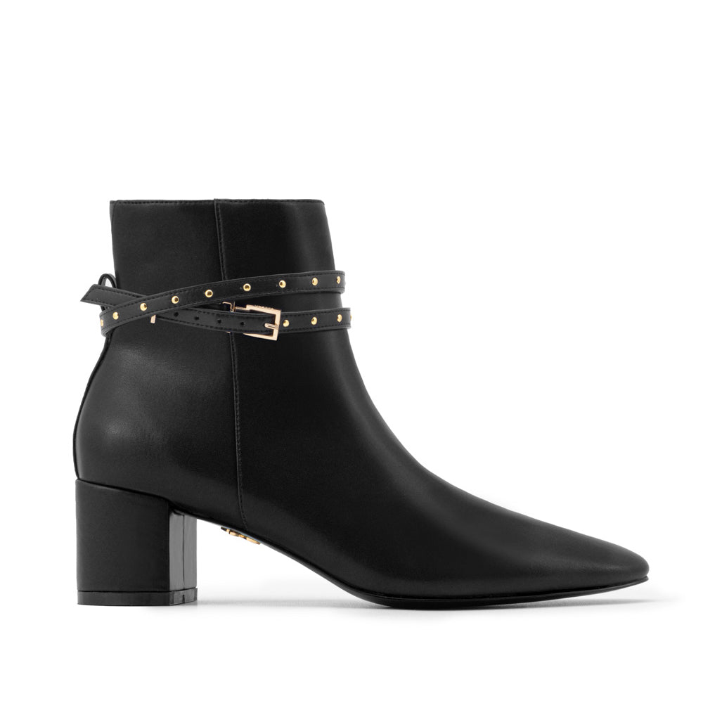 Black vegan leather ankle boot with block heel and studded double wrap ankle straps – sleek and modern women's vegan footwear for versatile styling and all-day comfort.