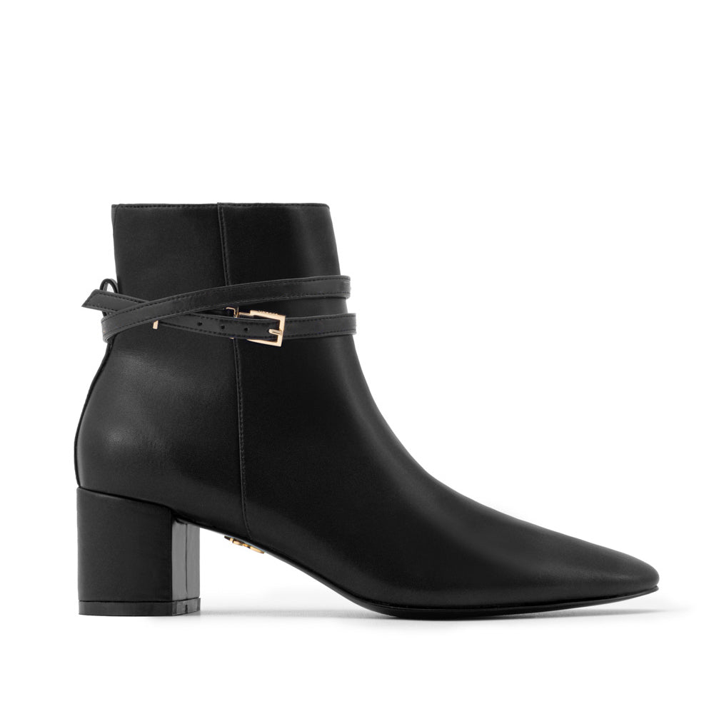 Black vegan leather ankle boot with block heel and double wrap ankle straps – sleek and modern women's vegan footwear for versatile styling and all-day comfort.