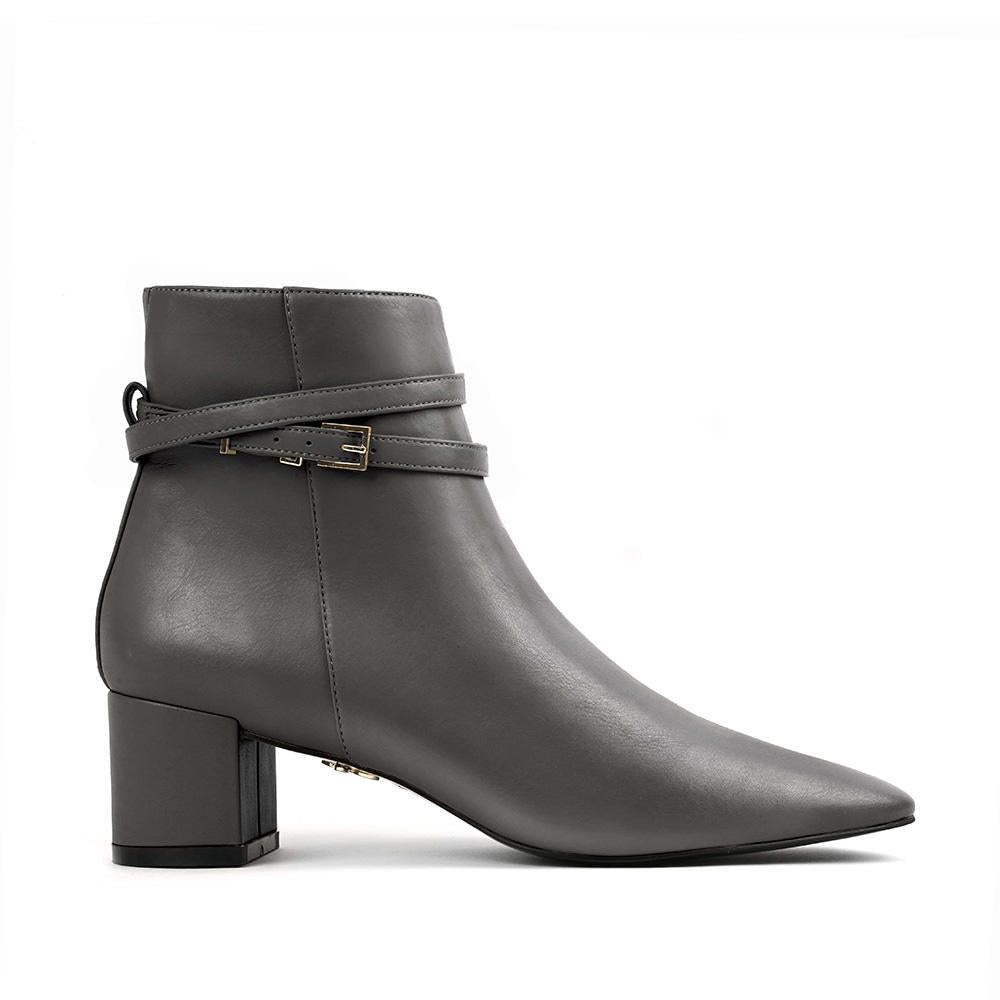 Grey vegan leather ankle boot with block heel and double wrap ankle straps – sleek and modern women's vegan footwear for versatile styling and all-day comfort.