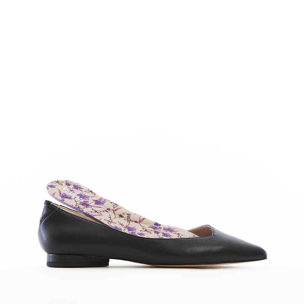 Black vegan leather pointed-toe ballet flats with a low heel and removable algae foam floral print cushioned insoles