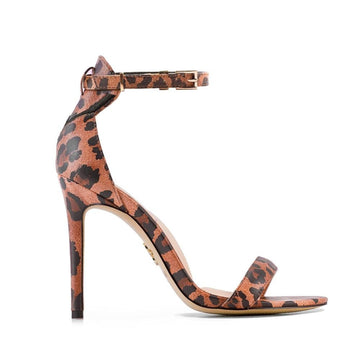 Apple leather leopard print high-heel vegan sandal with ankle strap and stiletto heel – stylish open-toe women's vegan shoe for elegant and bold fashion looks.