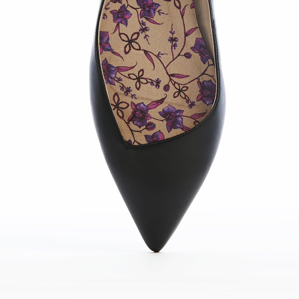 Black vegan leather pointed-toe ballet flats with a low heel and cushioned algae foam  insoles