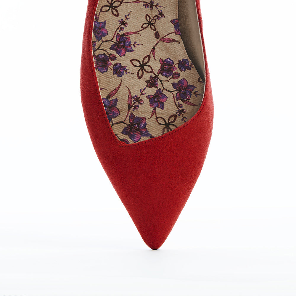 Red vegan faux suede pointed-toe ballet flats with an asymmetric v-vamp, cushion algae-foam insoles and low heel