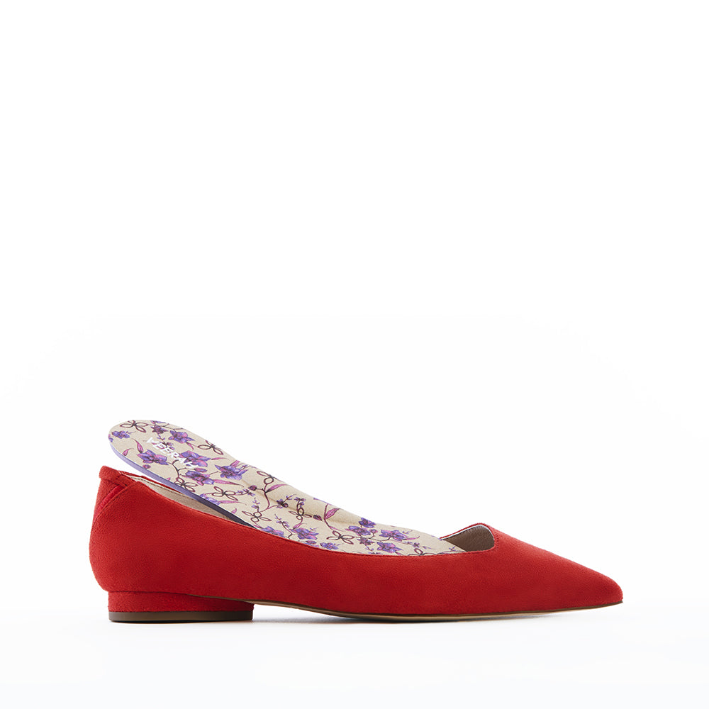 Red vegan faux suede leather pointed-toe ballet flats with an asymmetric v-vamp, removable algae-foam insoles and low heel